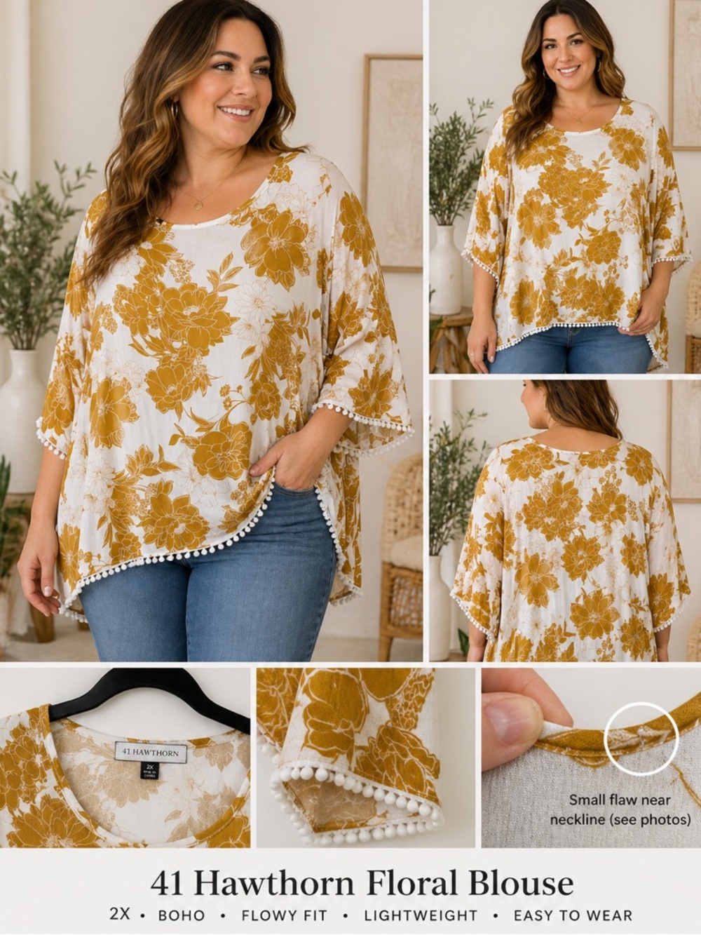 41 Hawthorn Floral Blouse 2X Boho Flowy Mustard White Top